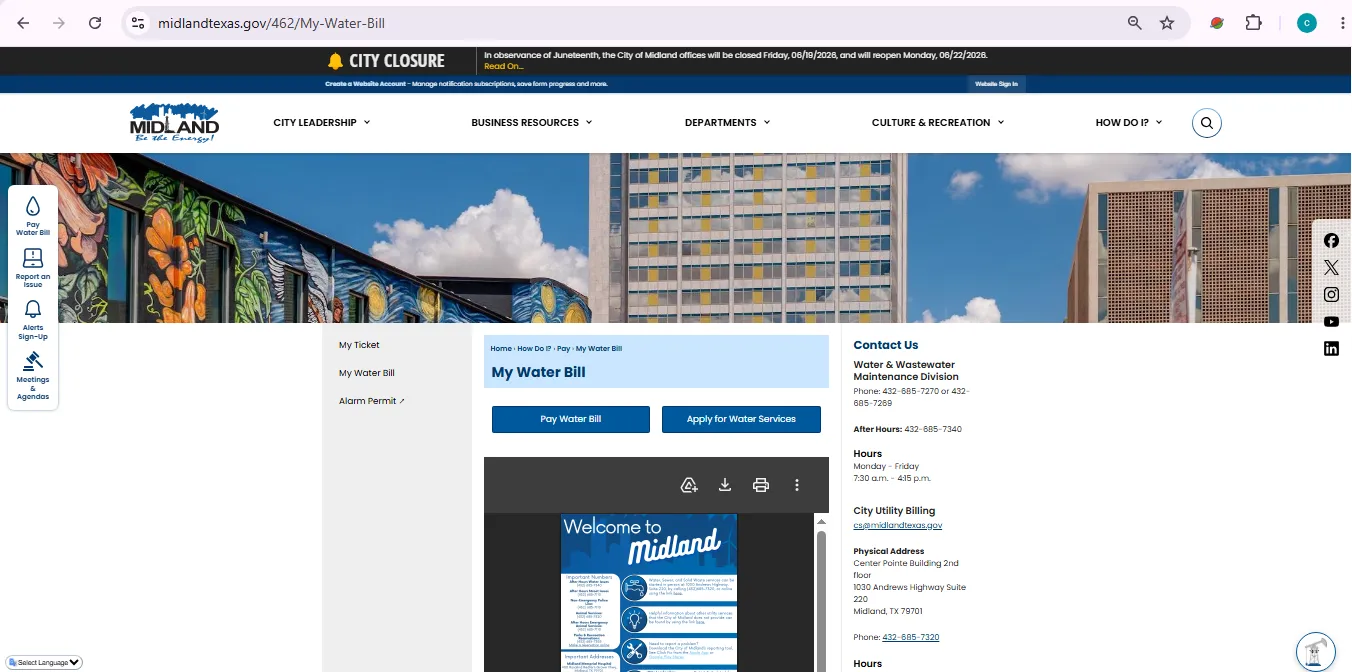 City of Midland TX water bill online portal page for bill payment, usage history and account management