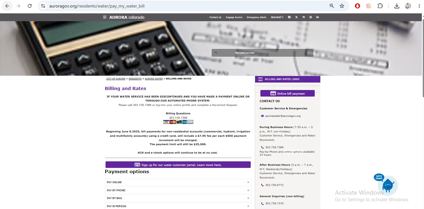 City of Aurora Water billing page showing online bill payment, portal login, reconnect request, phone number, assistance and leak help options