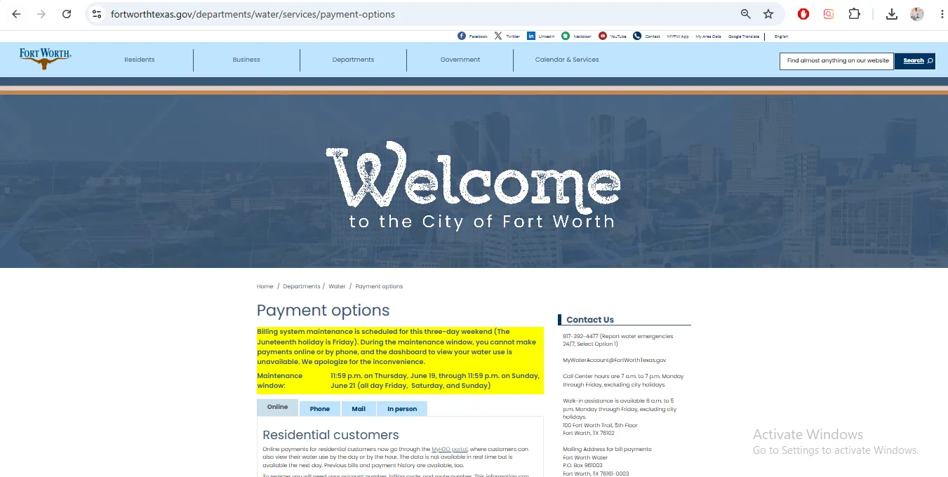 City of Fort Worth water bill payment page showing MyH2O login, one-time payment, phone number, bill assistance and leak adjustment options