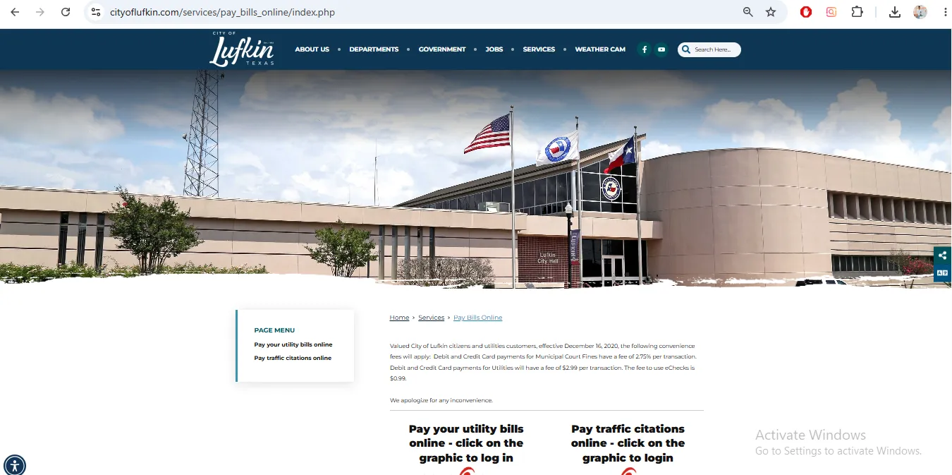 City of Lufkin water bill payment page showing Click2Gov utility billing, online payment fees, Utility Collections and leak help options
