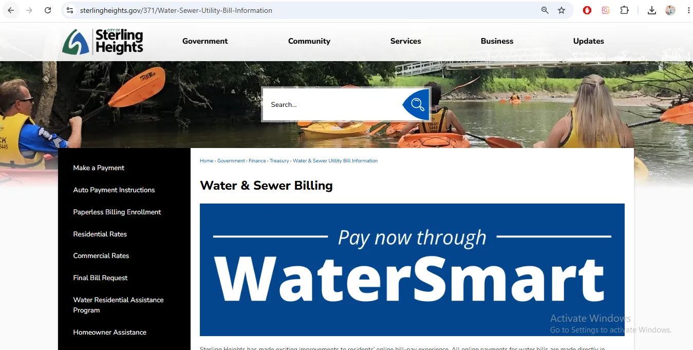 City of Sterling Heights water billing page showing WaterSmart bill payment, AutoPay, phone number, paperless billing and water rates options