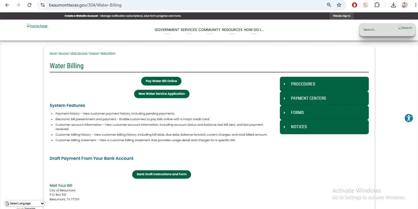 City of Beaumont Texas water billing page showing Pay Water Bill Online, bank draft, mail payment and customer service options