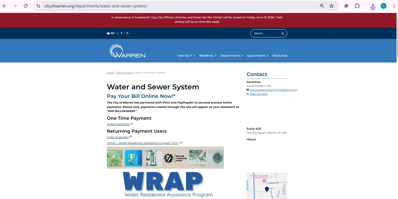 City of Warren water bill payment page showing online payment, Paydici login, direct pay and WRAP help options