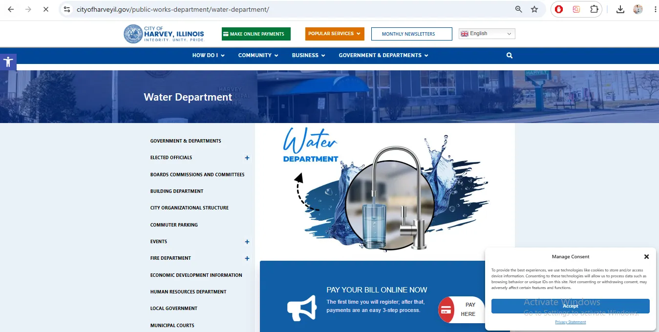 City of Harvey Illinois Water Department page showing water bill payment, customer service, new service and emergency help options