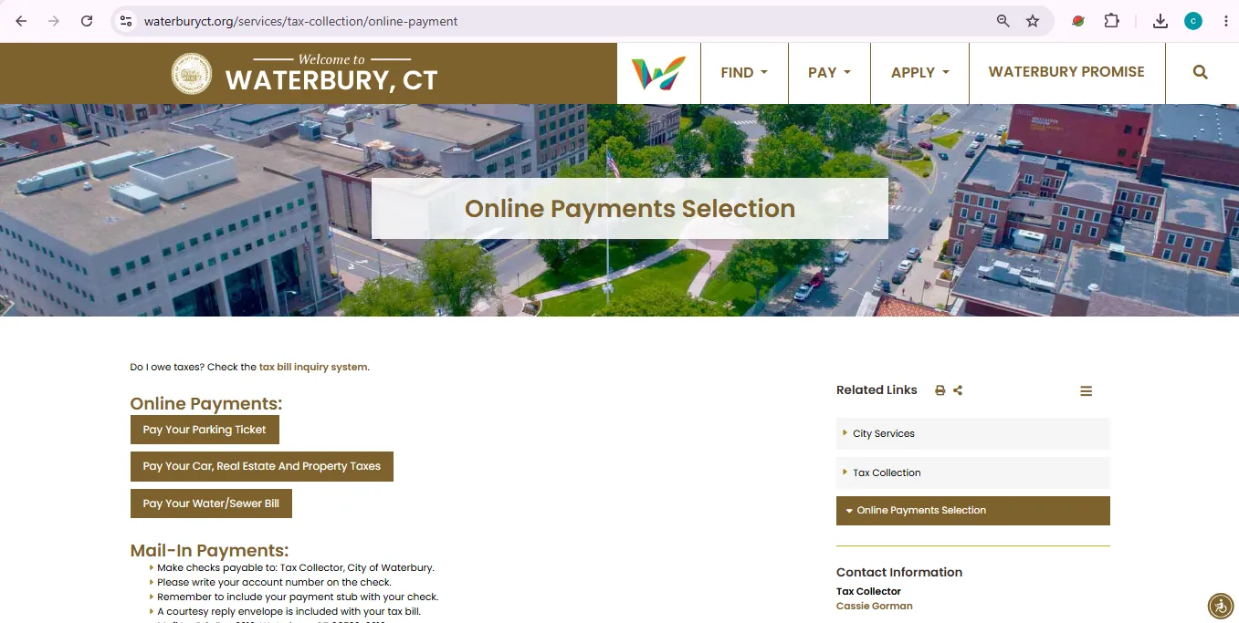 Waterbury water bill payment page showing official water sewer bill online payment, mail and walk-in options