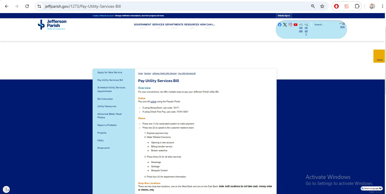 Jefferson Parish water bill payment page showing Paystar, phone payment, drop box, mail and leak help options