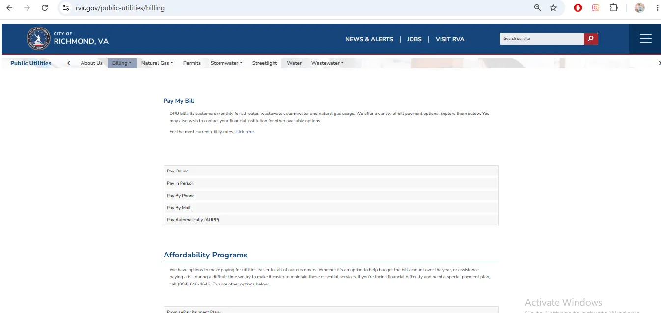 City of Richmond water bill payment page showing MyHQ login, EZ-PAY, phone payment, mail payment and payment plan options