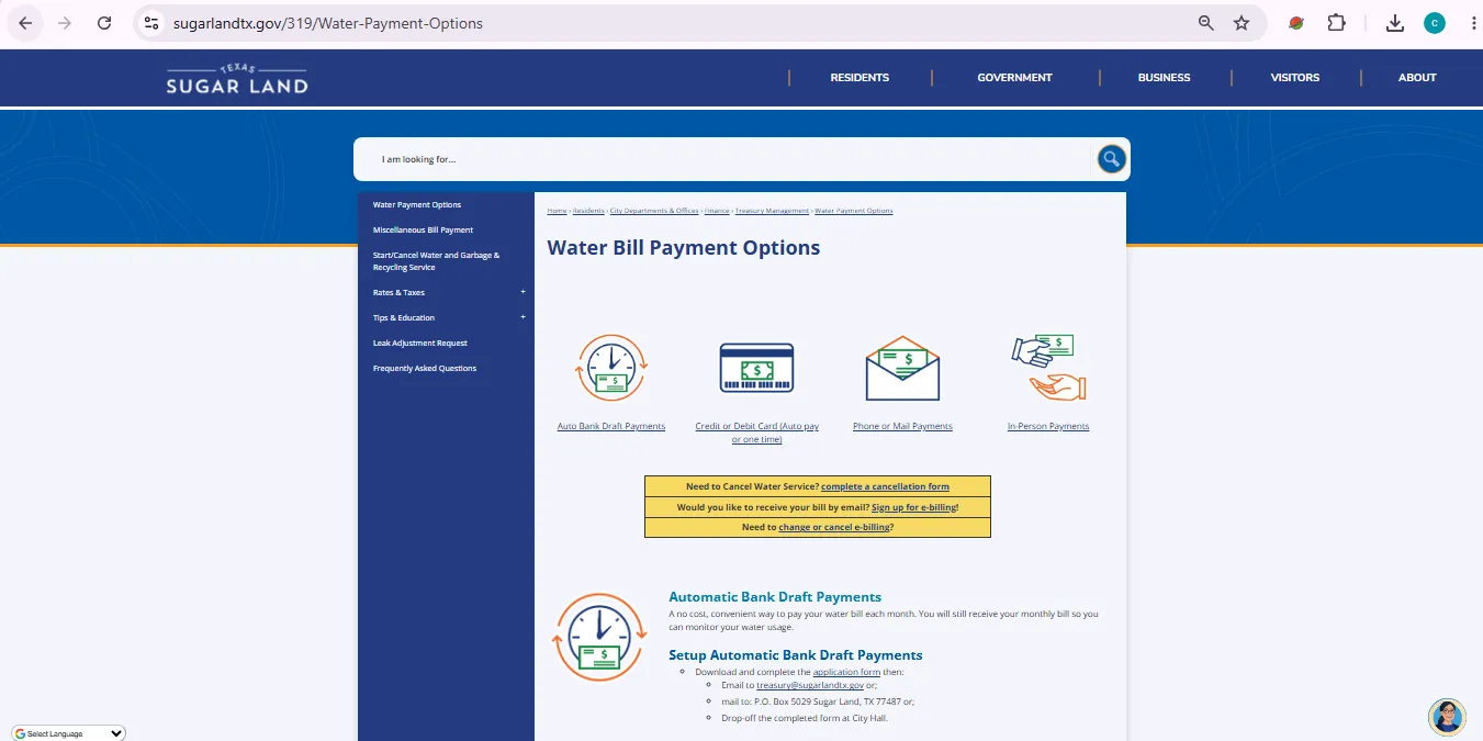 City of Sugar Land water bill payment page showing online payment, AutoPay, start service and leak adjustment options