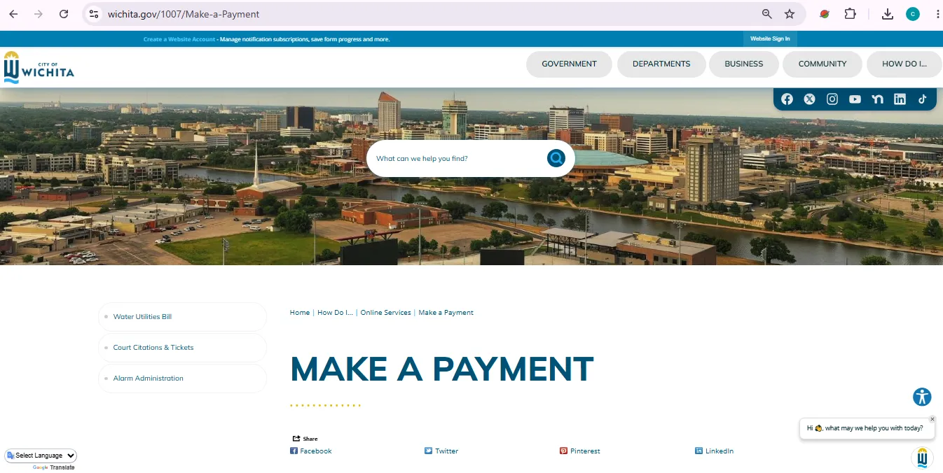 City of Wichita water utilities bill payment page showing official pay online and manage services option