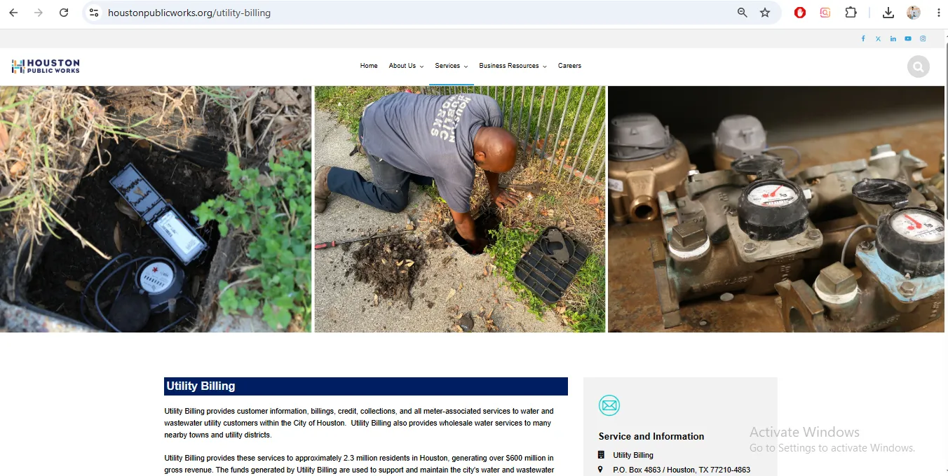 Houston Public Works Utility Billing page showing City of Houston water department phone number, billing help, water account and adjustment options