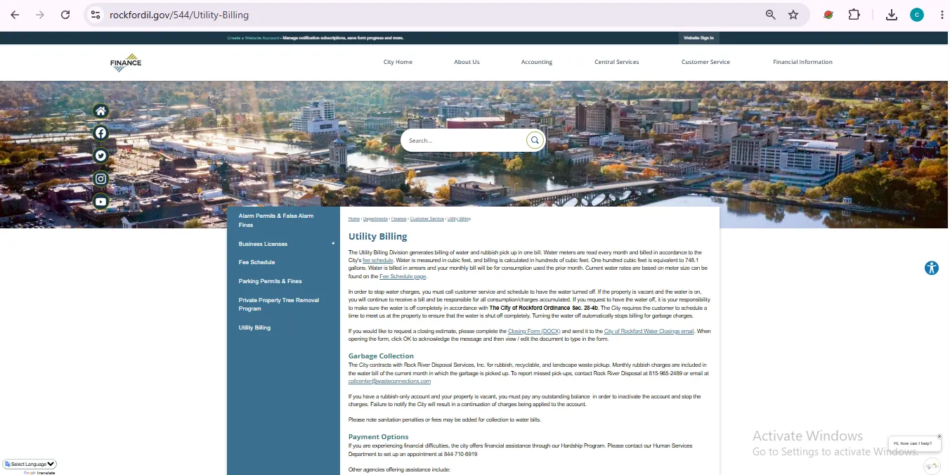 City of Rockford water bill payment page showing online bill pay, phone payment, mail payment and Auto-Draft options