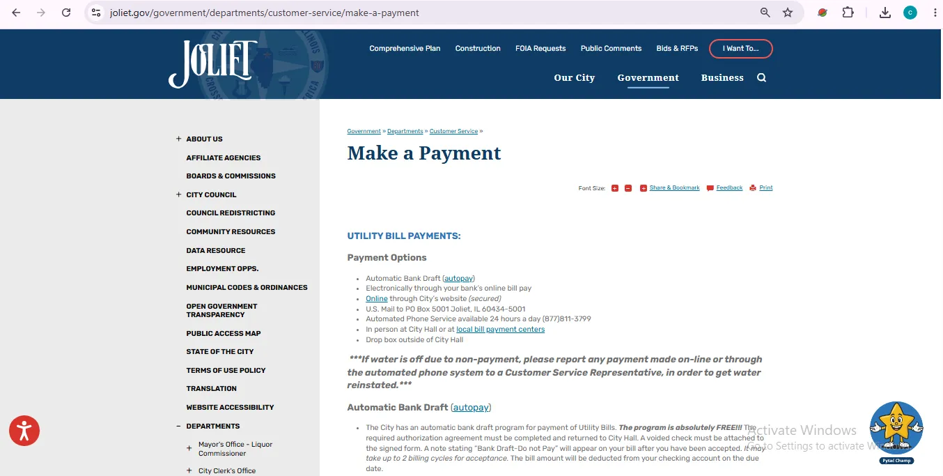 City of Joliet water bill payment page showing online payment, phone payment, customer portal and automatic bank draft options