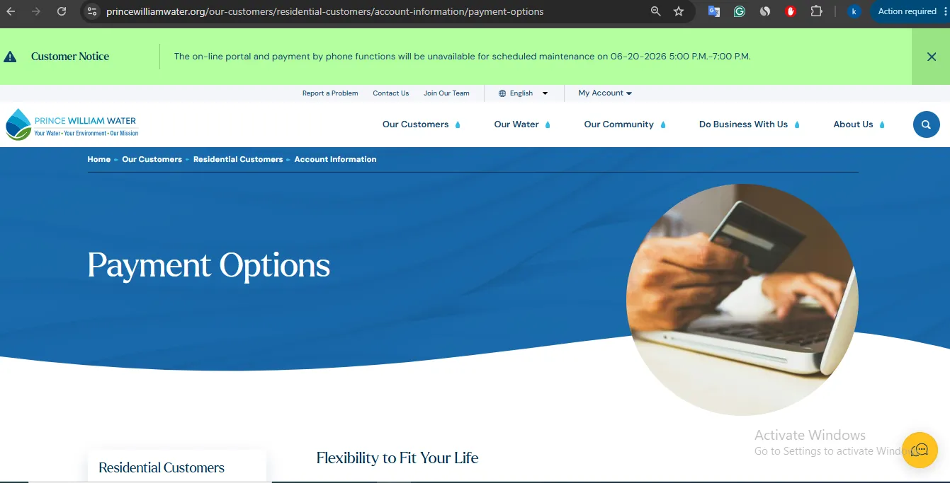 Prince William Water payment options page for online bill pay, account login and customer service help