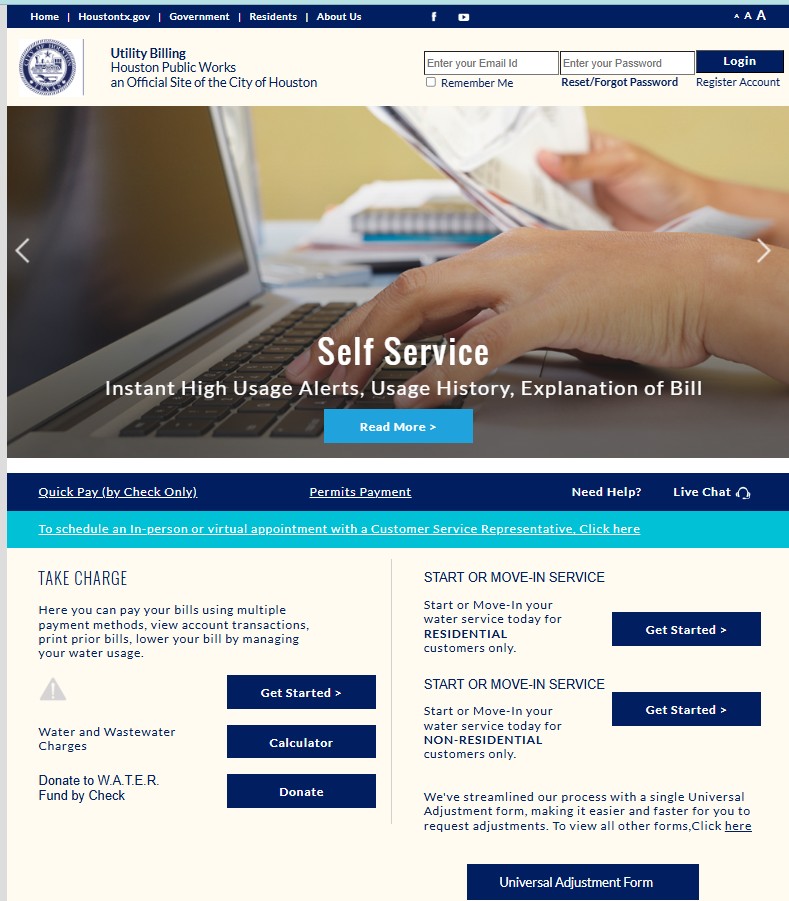 Houston City Water Bill screenshot showing water bill payment and customer account service guide