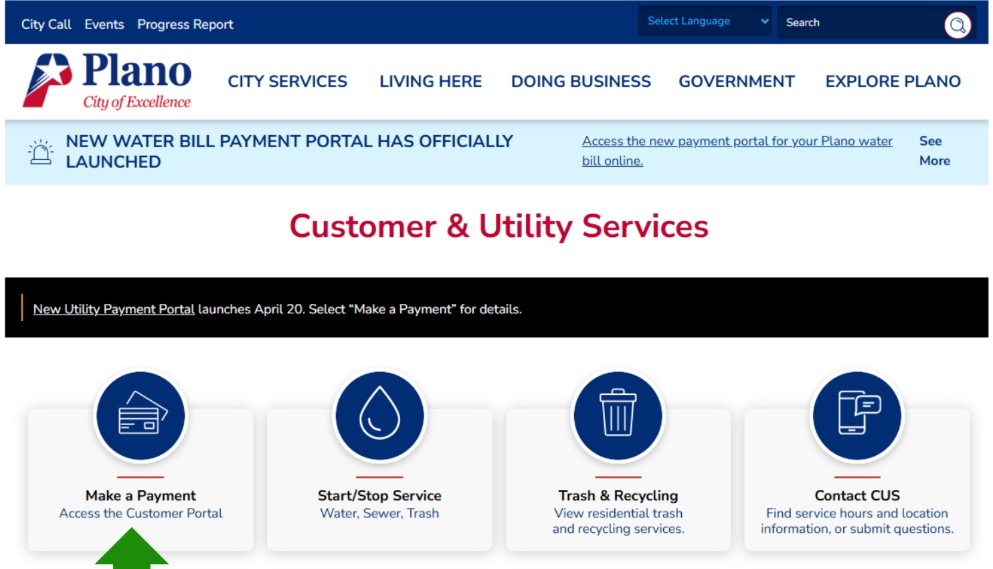 Plano Gov water bill pay online screenshot guide for City of Plano utility billing