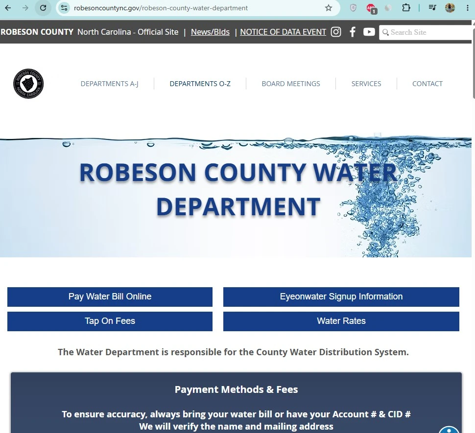 Robeson County water bill pay screenshot showing Pay Water Bill Online and EyeOnWater Signup Information options